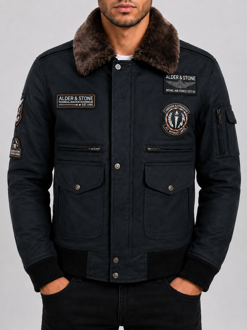 Alder & Stone Men's Aviator Patch Bomber Jacket - Skipper Brown