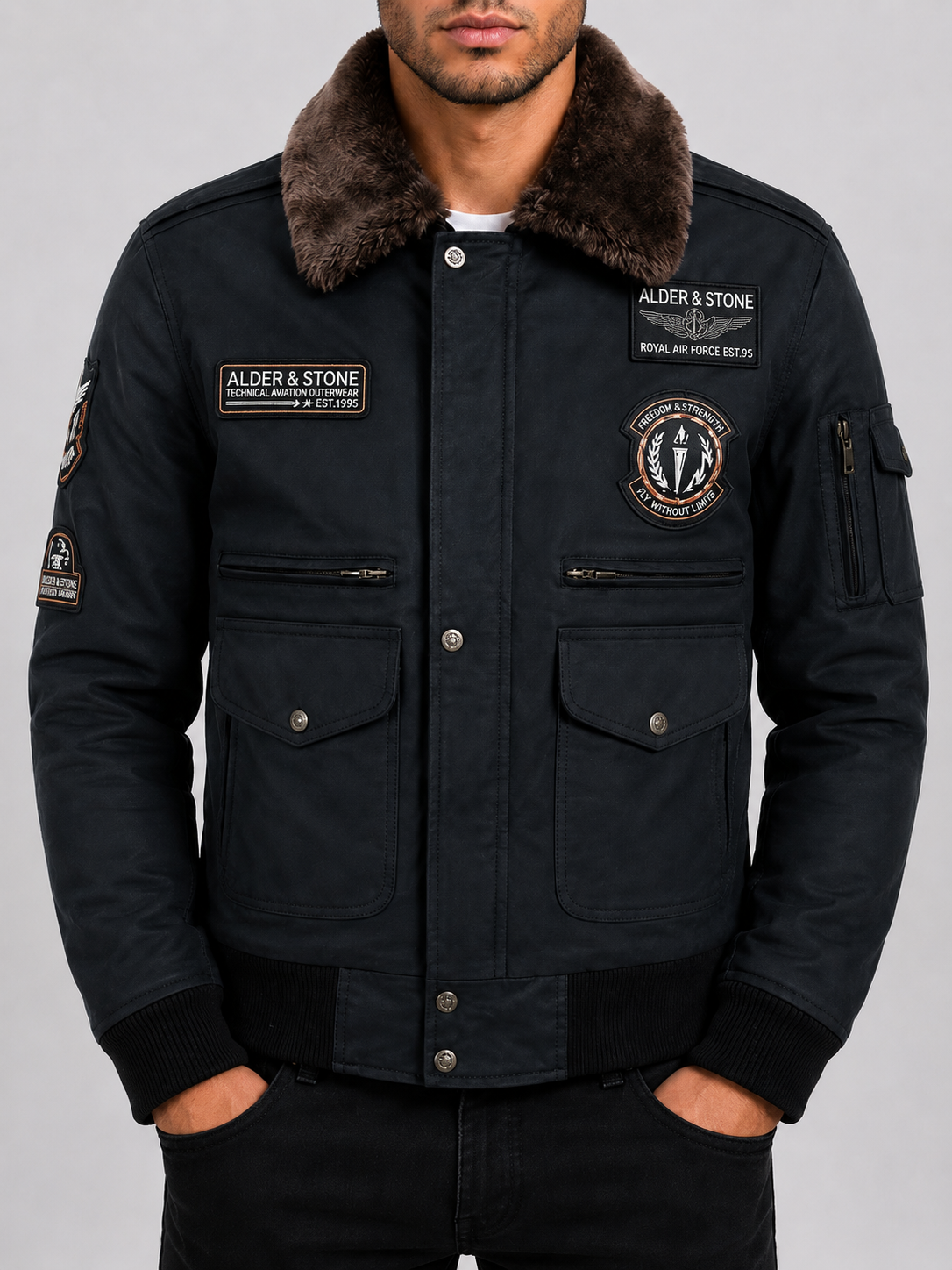 Alder & Stone Men's Aviator Patch Bomber Jacket - Skipper Brown