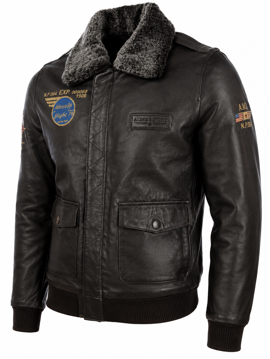 Alder & Stone Men's Aviator Bomber Jacket - Black/Snowtop Fur