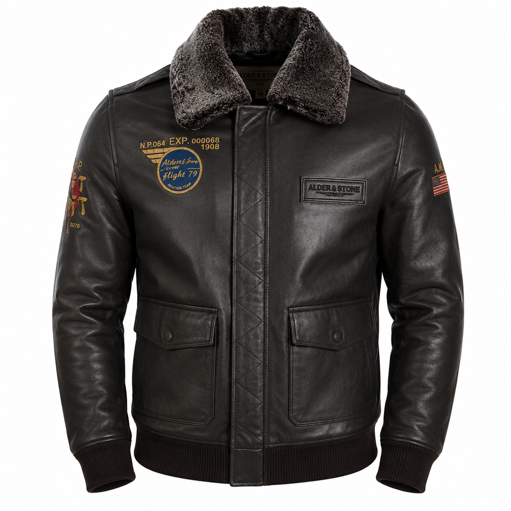 Alder & Stone Men's Aviator Bomber Jacket - Black/Snowtop Fur