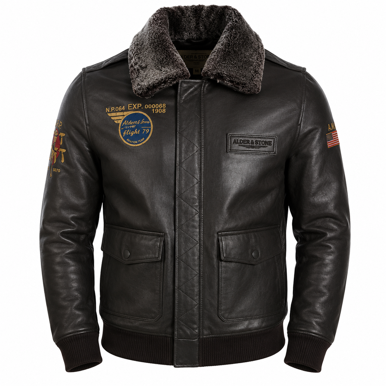 Alder & Stone Men's Aviator Bomber Jacket - Black/Snowtop Fur