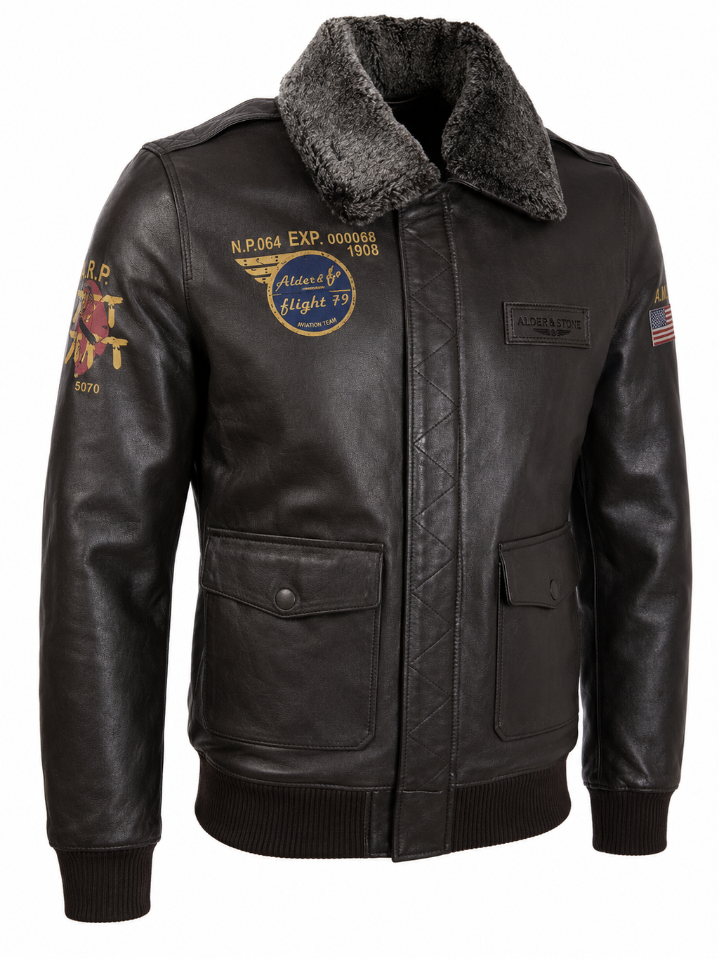 Alder & Stone Men's Aviator Bomber Jacket - Black/Snowtop Fur