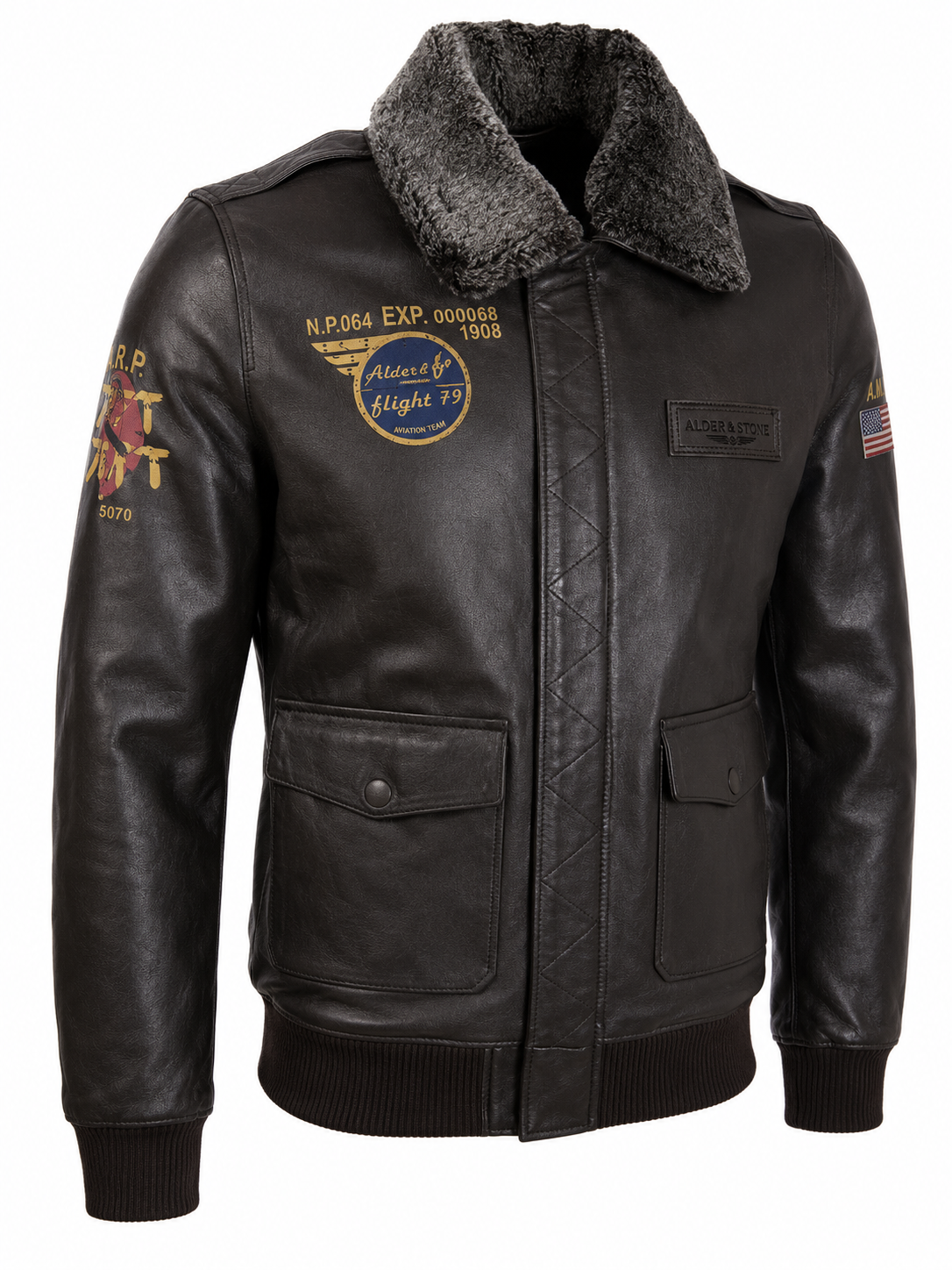 Alder & Stone Men's Aviator Bomber Jacket - Black/Snowtop Fur