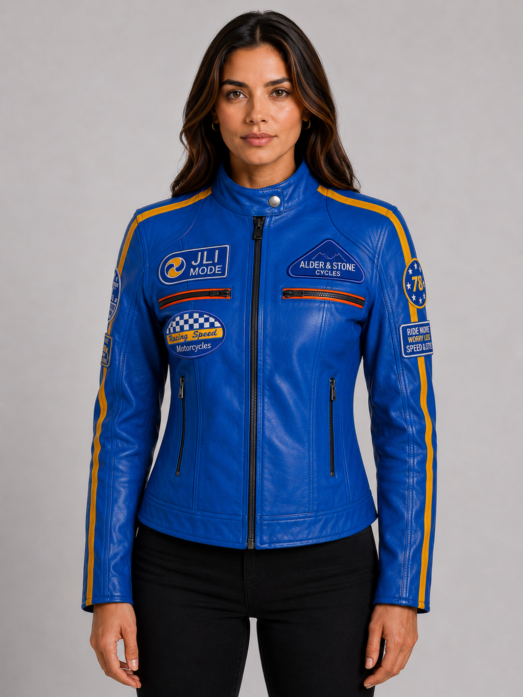 Alder & Stone Women's Racing Biker Jacket - Electric Blue