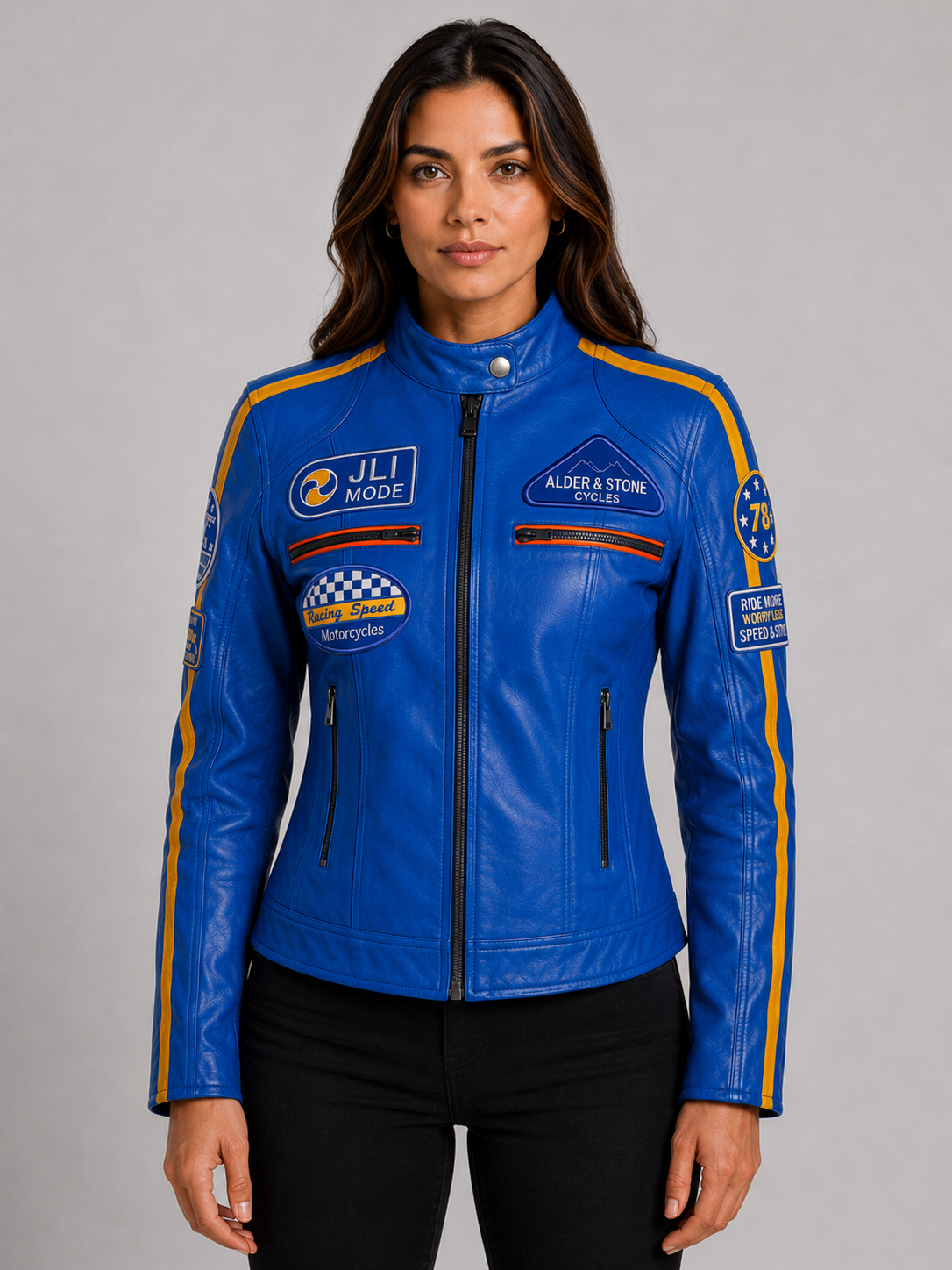 Alder & Stone Women's Racing Biker Jacket - Electric Blue