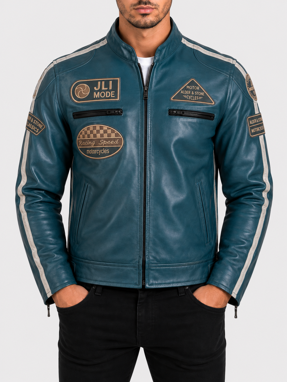 Alder & Stone Men's Racing Biker Jacket - Denim Blue