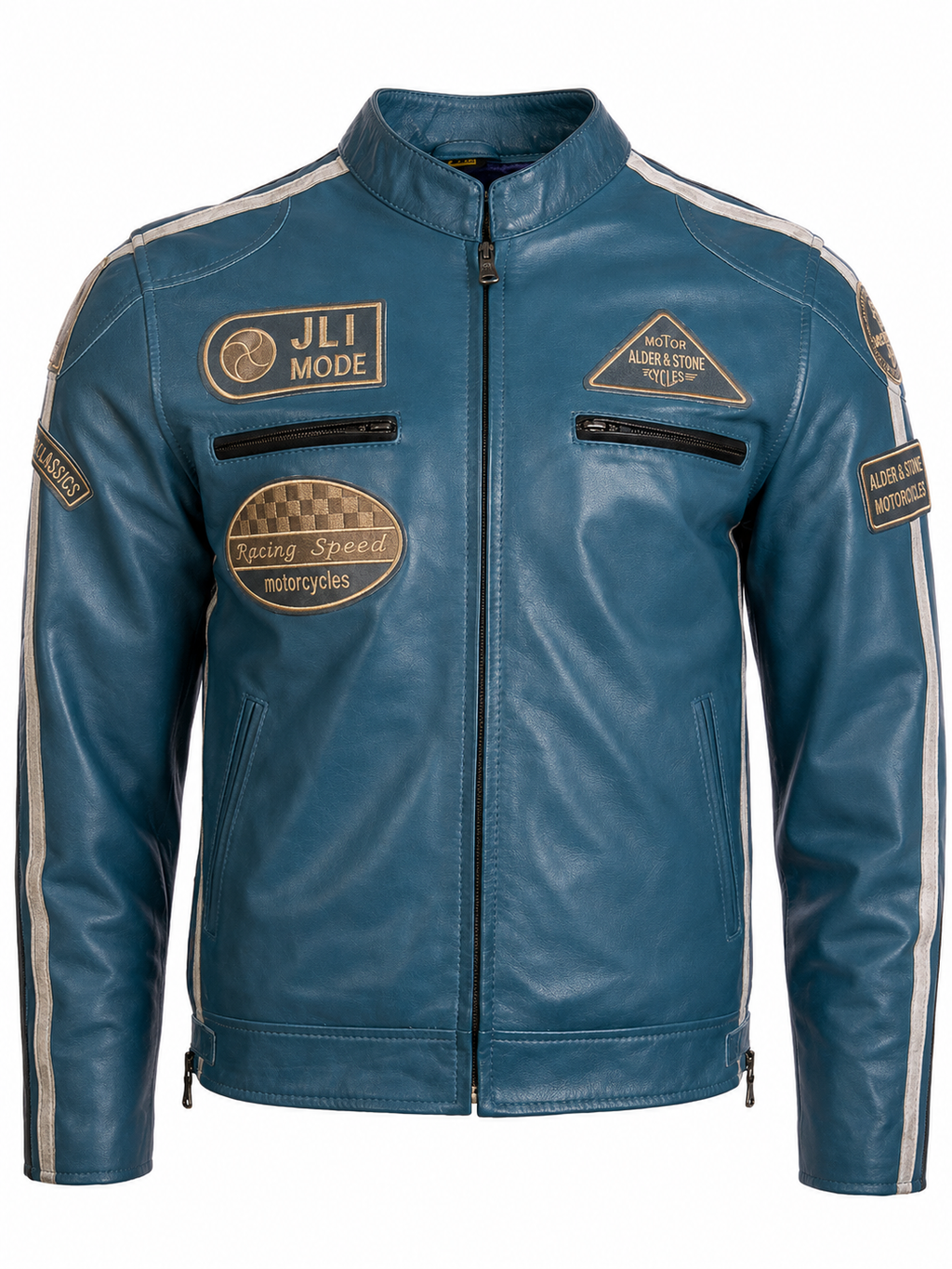 Alder & Stone Men's Racing Biker Jacket - Denim Blue