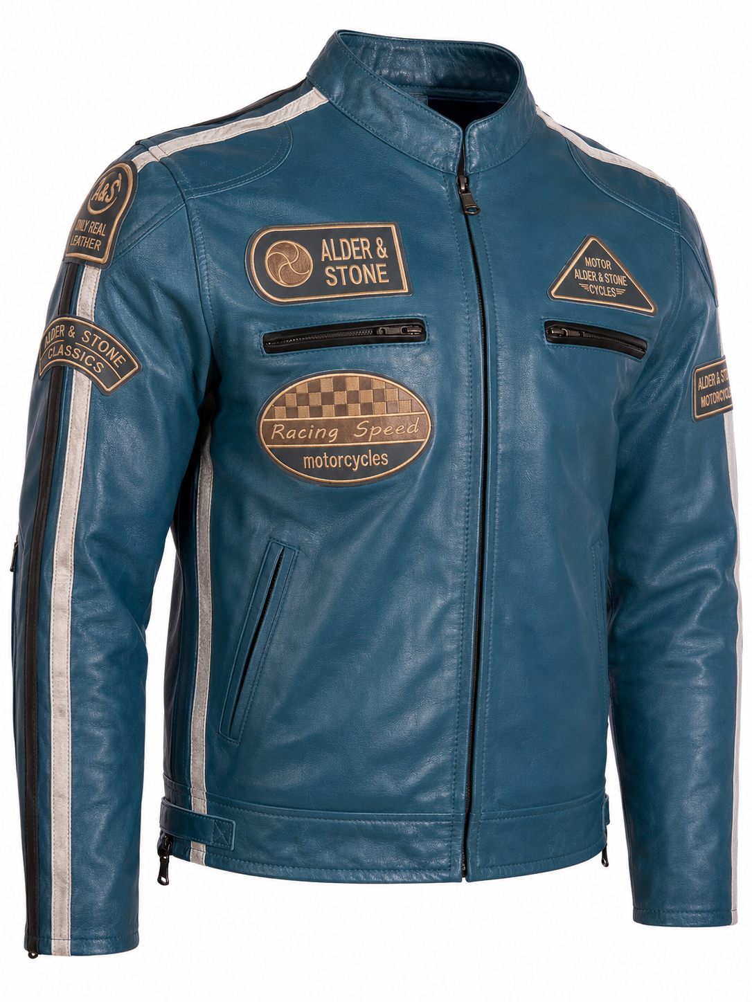 Alder & Stone Men's Racing Biker Jacket - Denim Blue