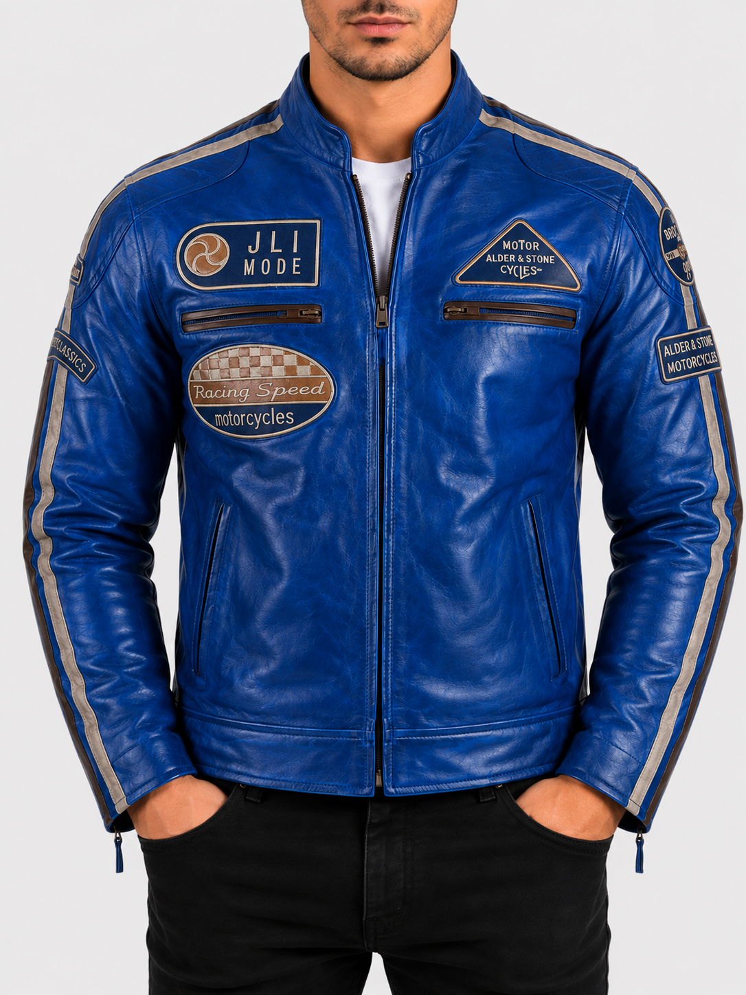 Alder & Stone Men's Racing Biker Jacket - Ocean Blue