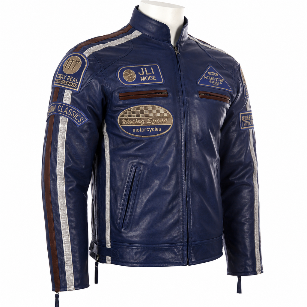 Alder & Stone Men's Racing Biker Jacket - Ocean Blue