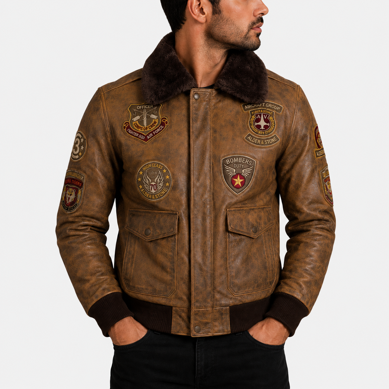 Alder & Stone Men's Aviator Bomber Jacket - Cognac