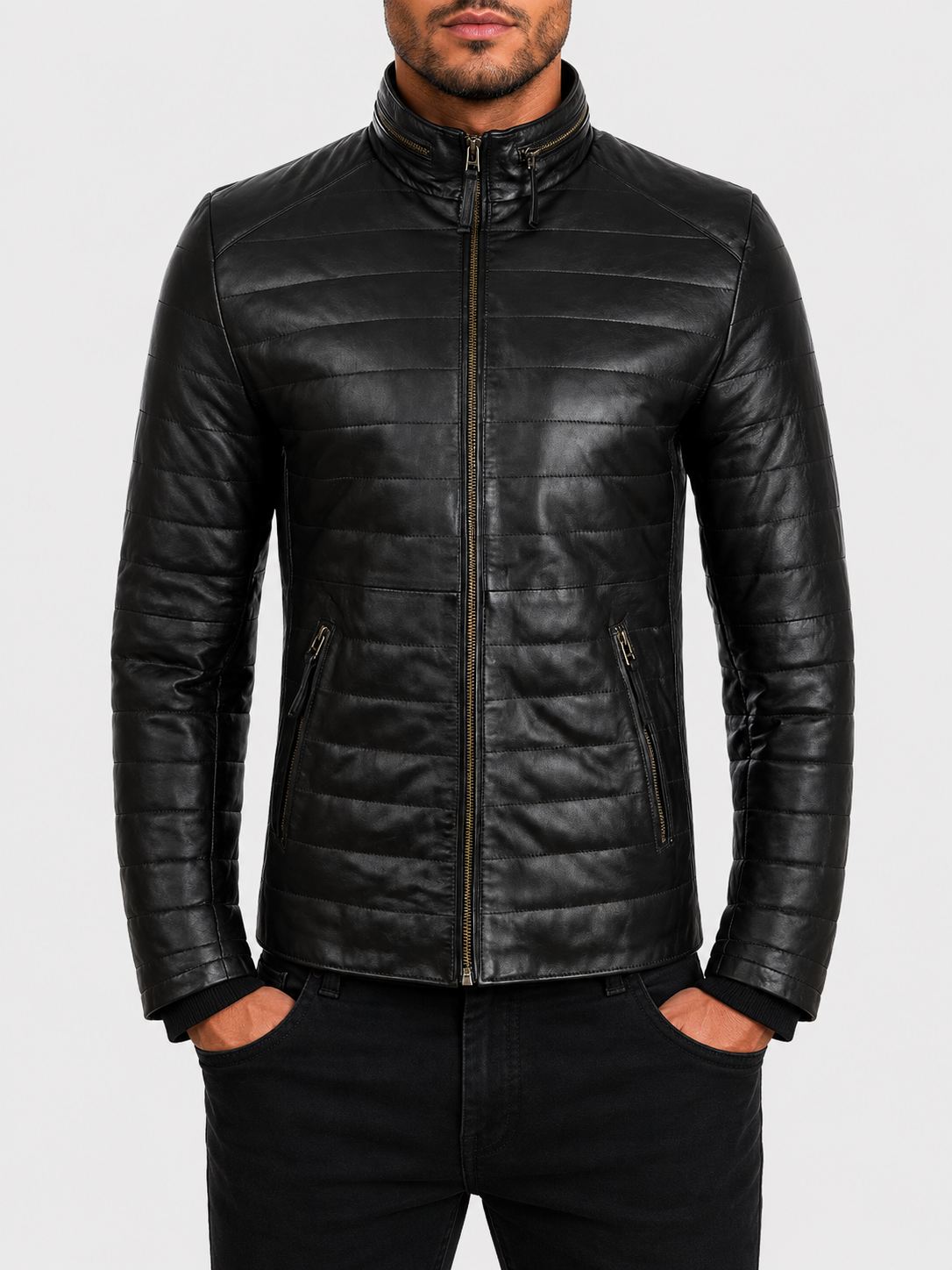 K5MP Men's Quilt Puffer Aviator Bomber Jacket - Black