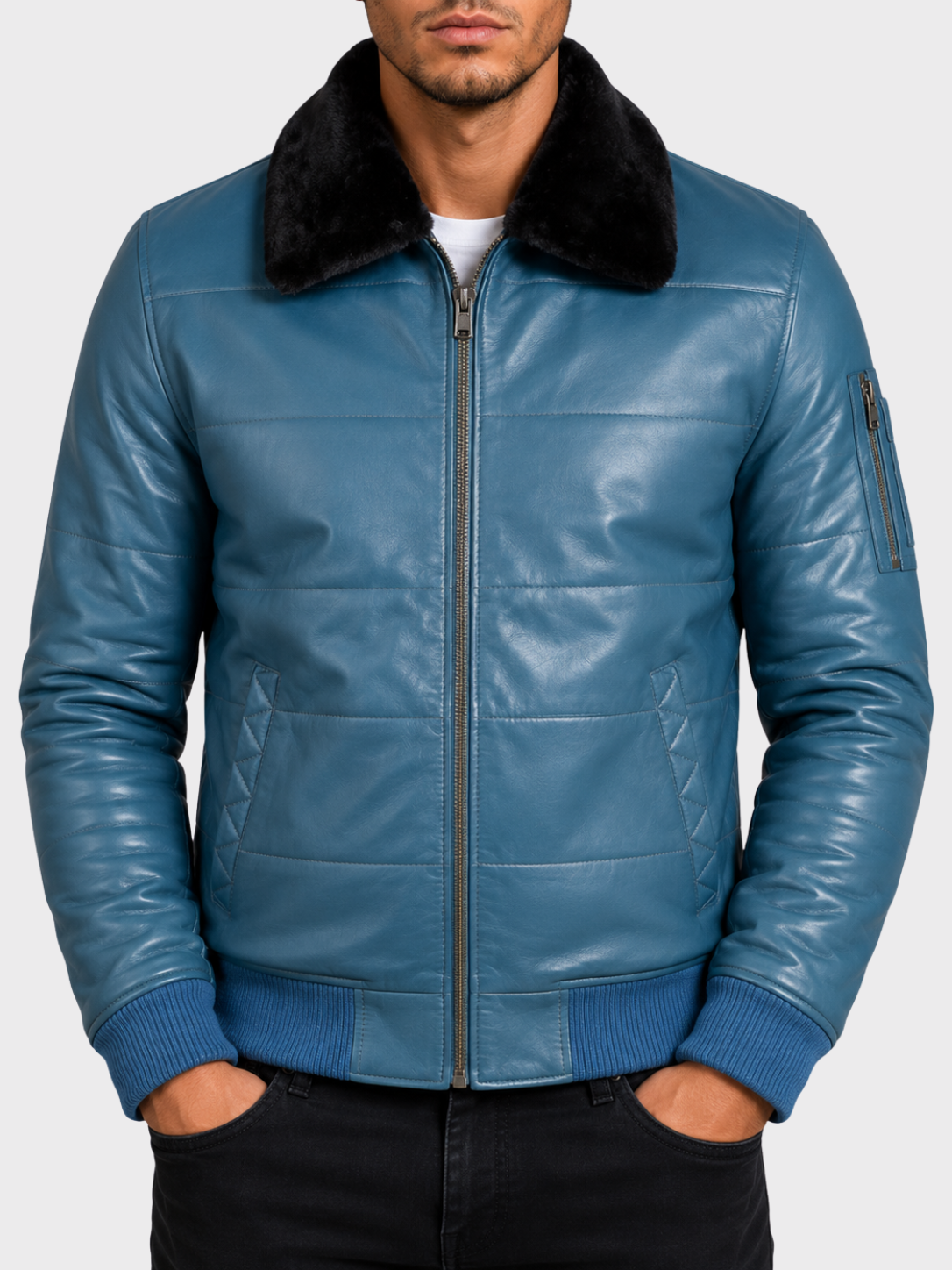 ZADV Men's Puffer Fur Aviator Bomber Jacket - Denim Blue