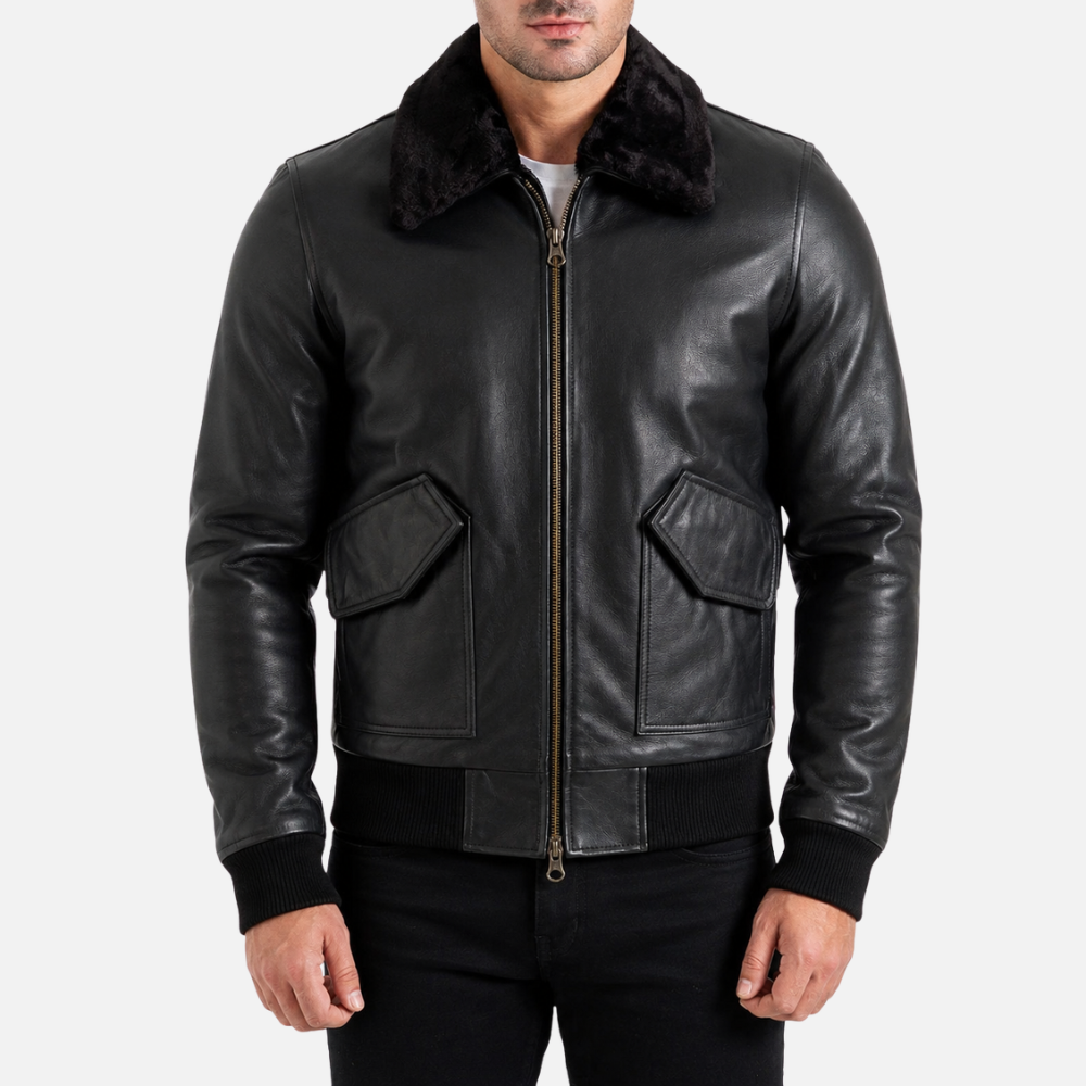 6KT4 Men's Aviator Bomber Jacket - Black