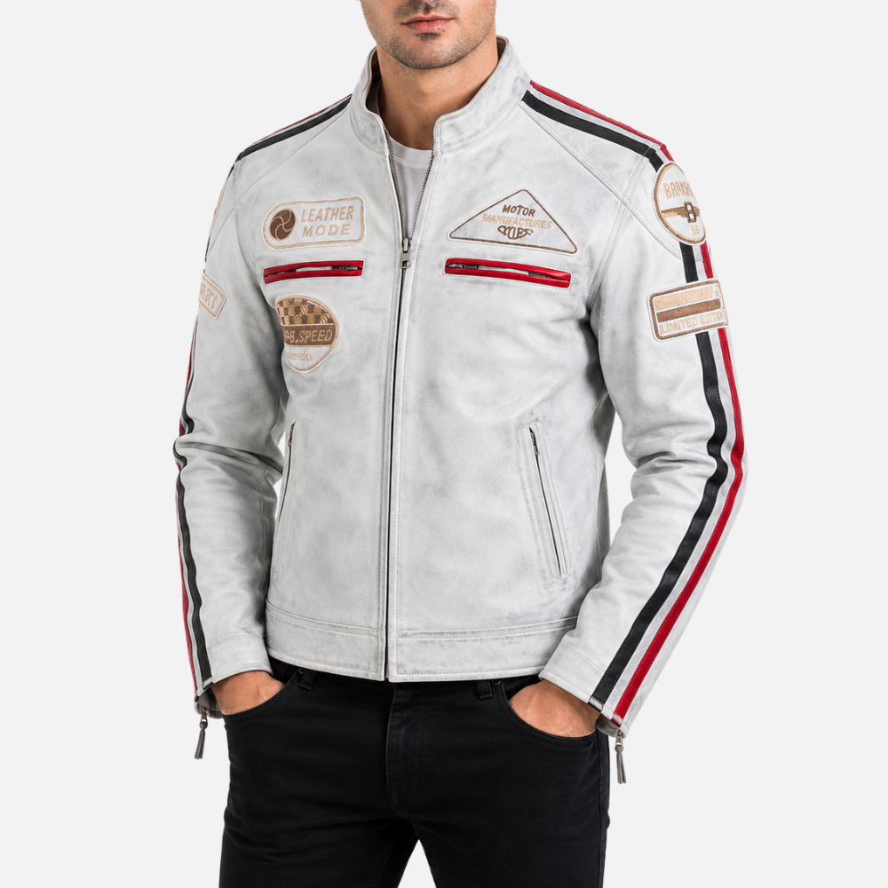 CXUS Men's Racing Biker Jacket - Dirty White