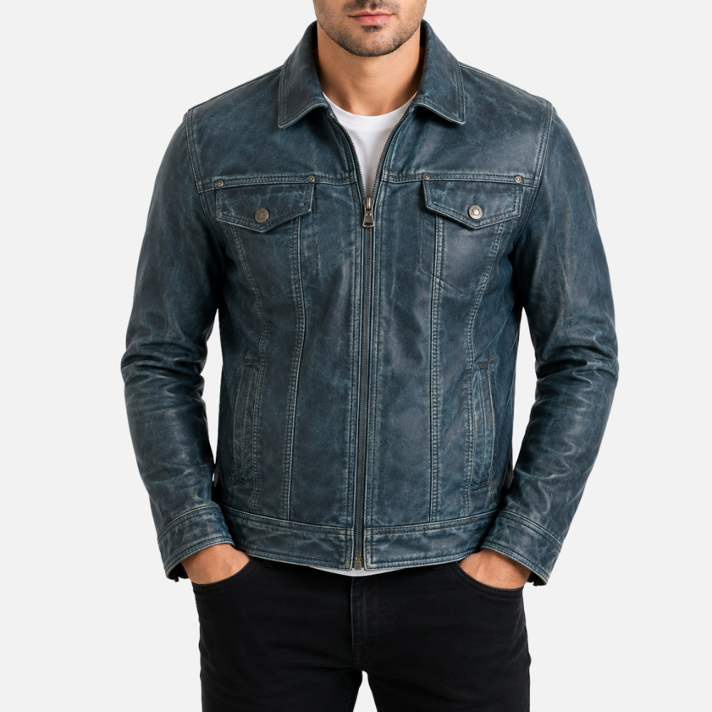 AGQ5 Men's Trucker Harrington Jacket - Frosty Blue