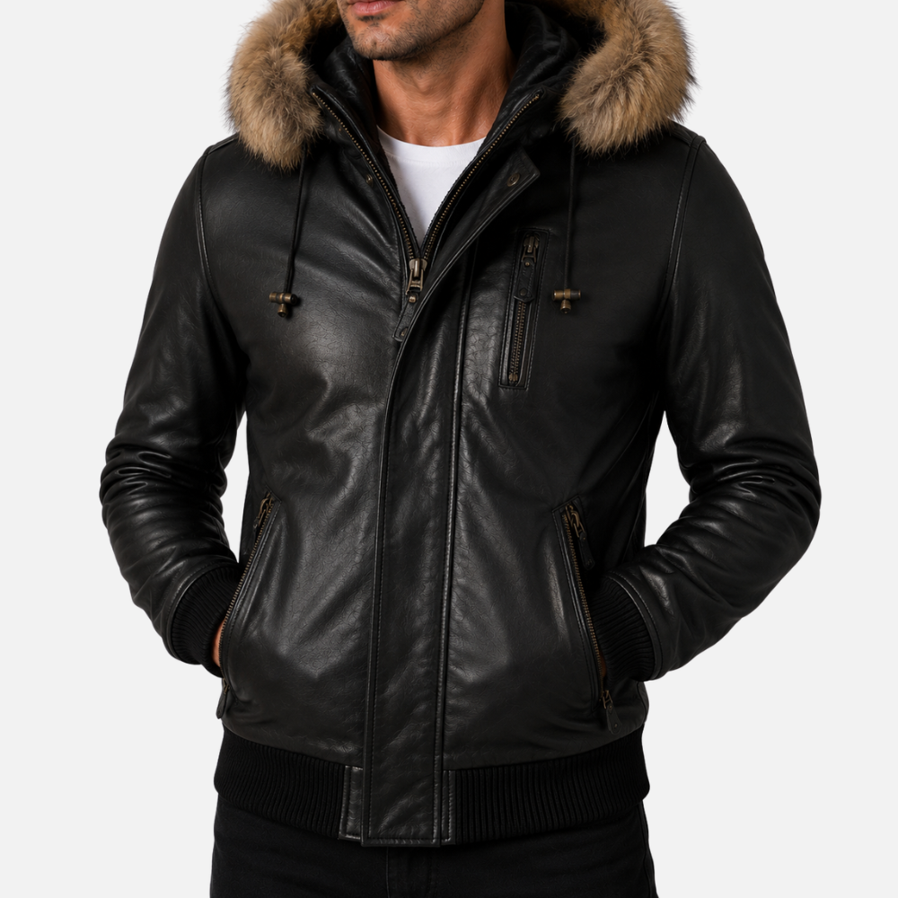 QS6C Men’s Fur Hood Bomber - Black