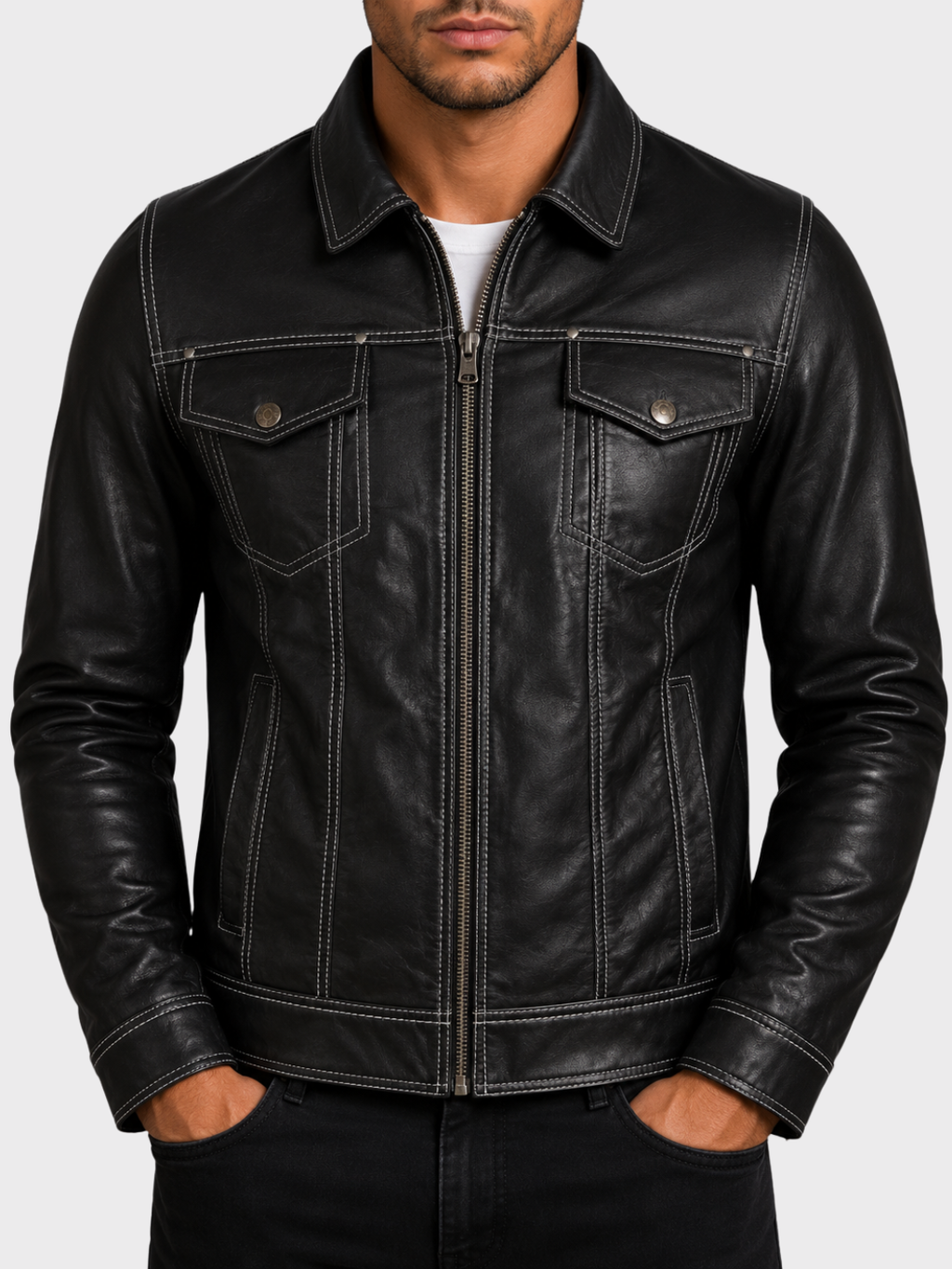 AGQ5 Men's Trucker Harrington Jacket - Black/White