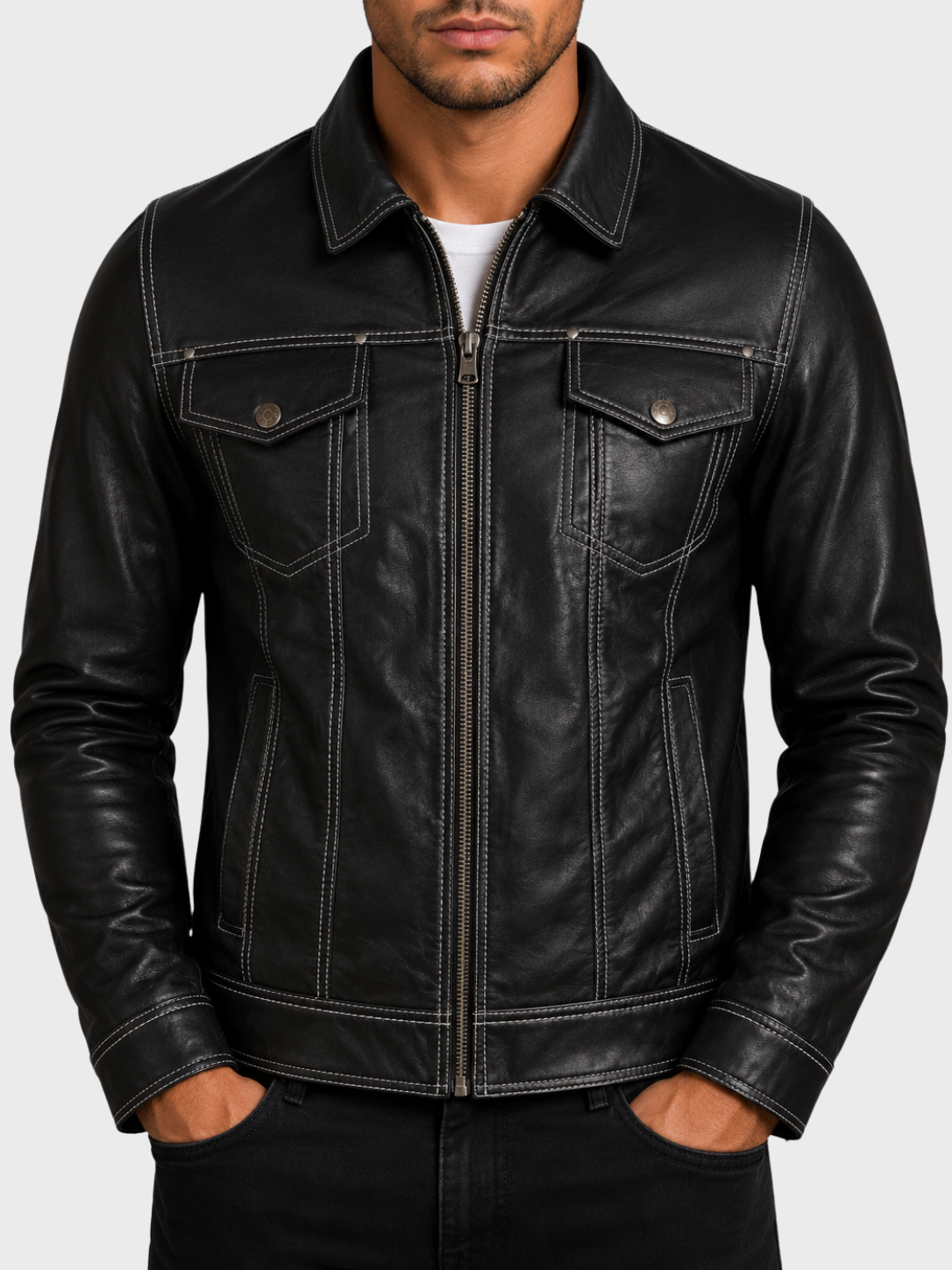 AGQ5 Men's Trucker Harrington Jacket - Black/White