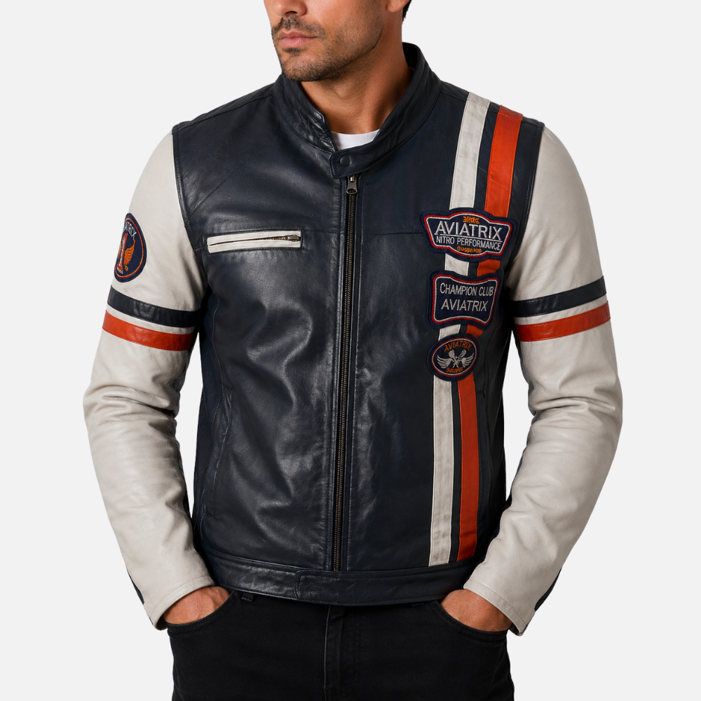 3ZS3 Men's Retro Biker Jacket - Navy/White