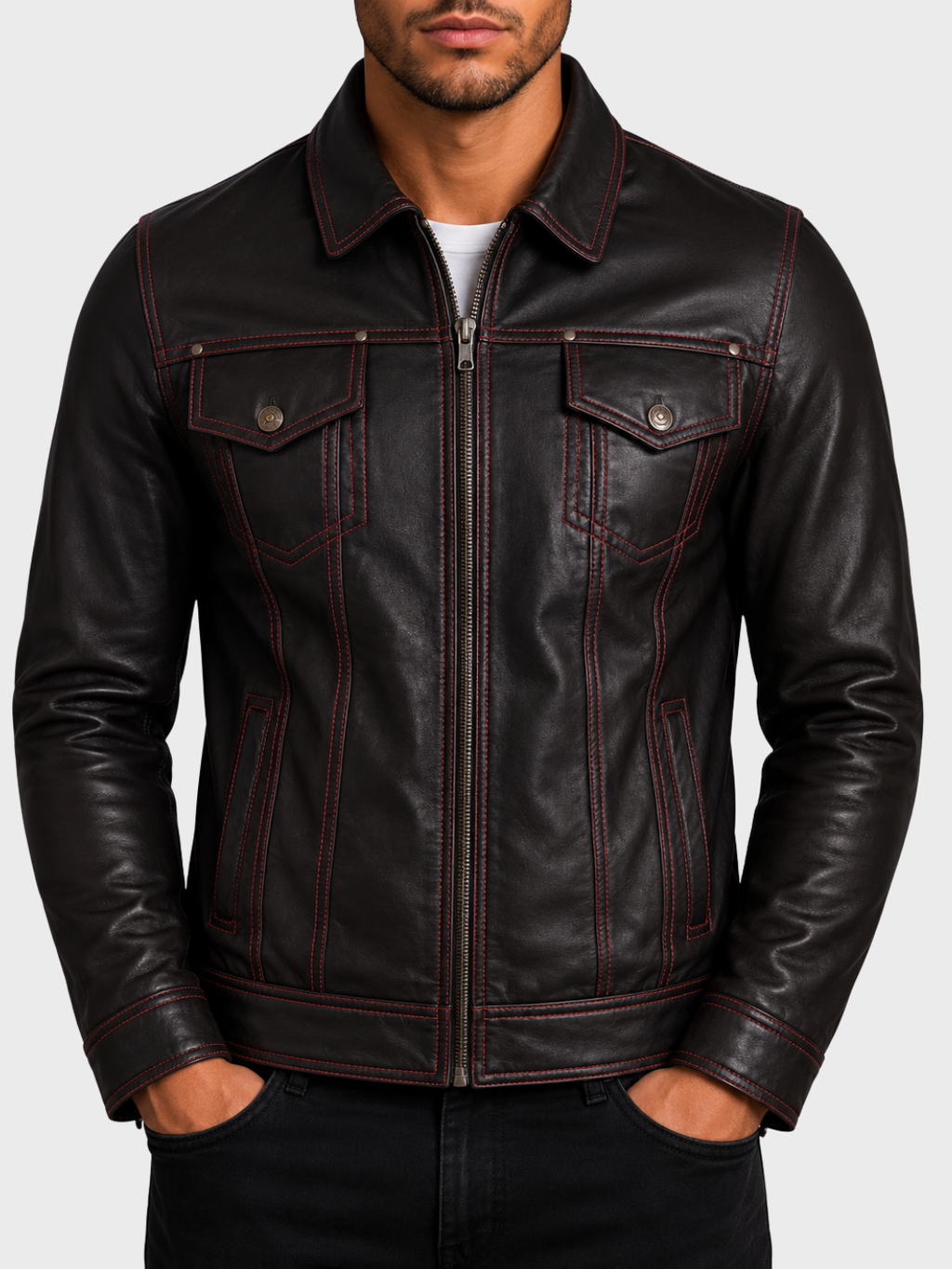 AGQ5 Men's Trucker Harrington Jacket - Black/Red