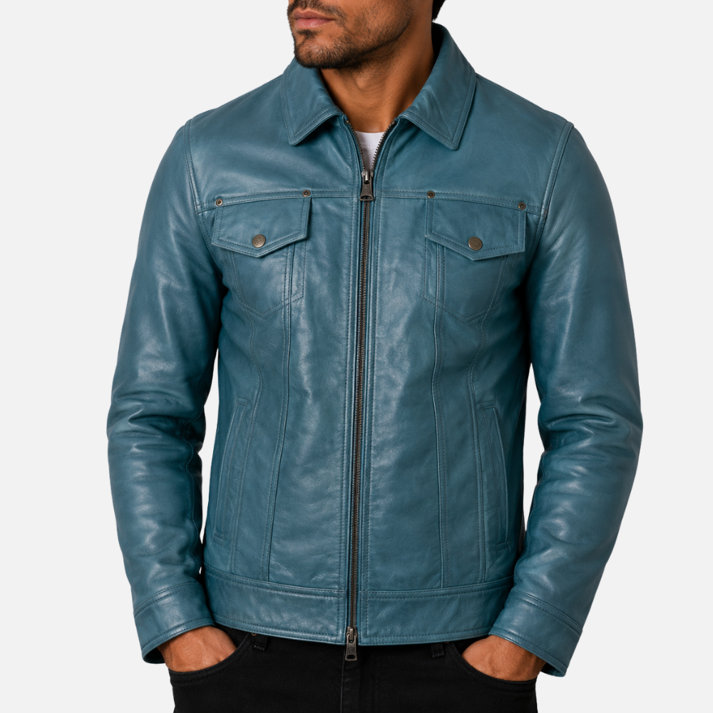 AGQ5 Men's Trucker Harrington Jacket - Denim Blue
