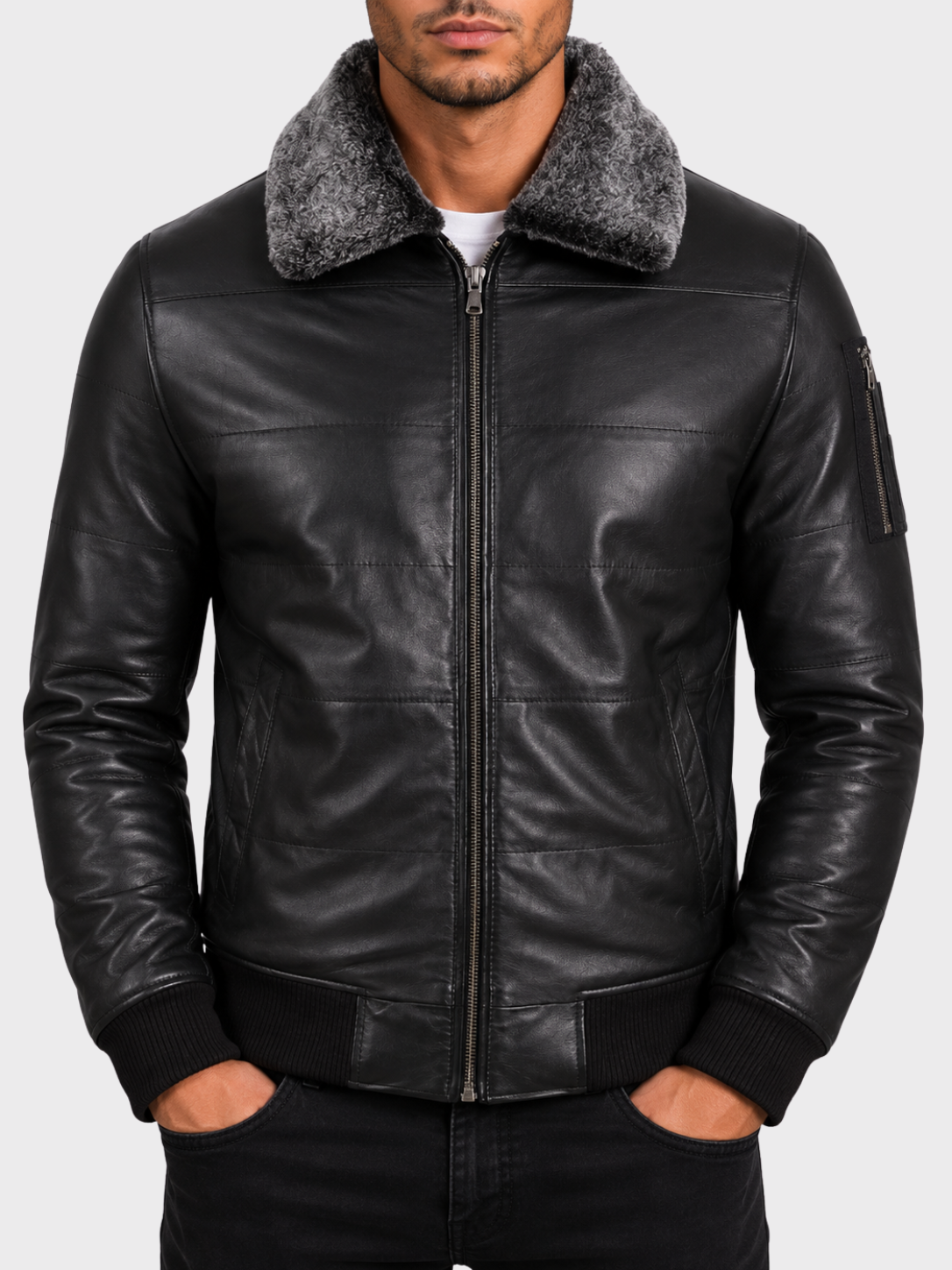 ZADV Men's Puffer Fur Aviator Bomber Jacket - Black