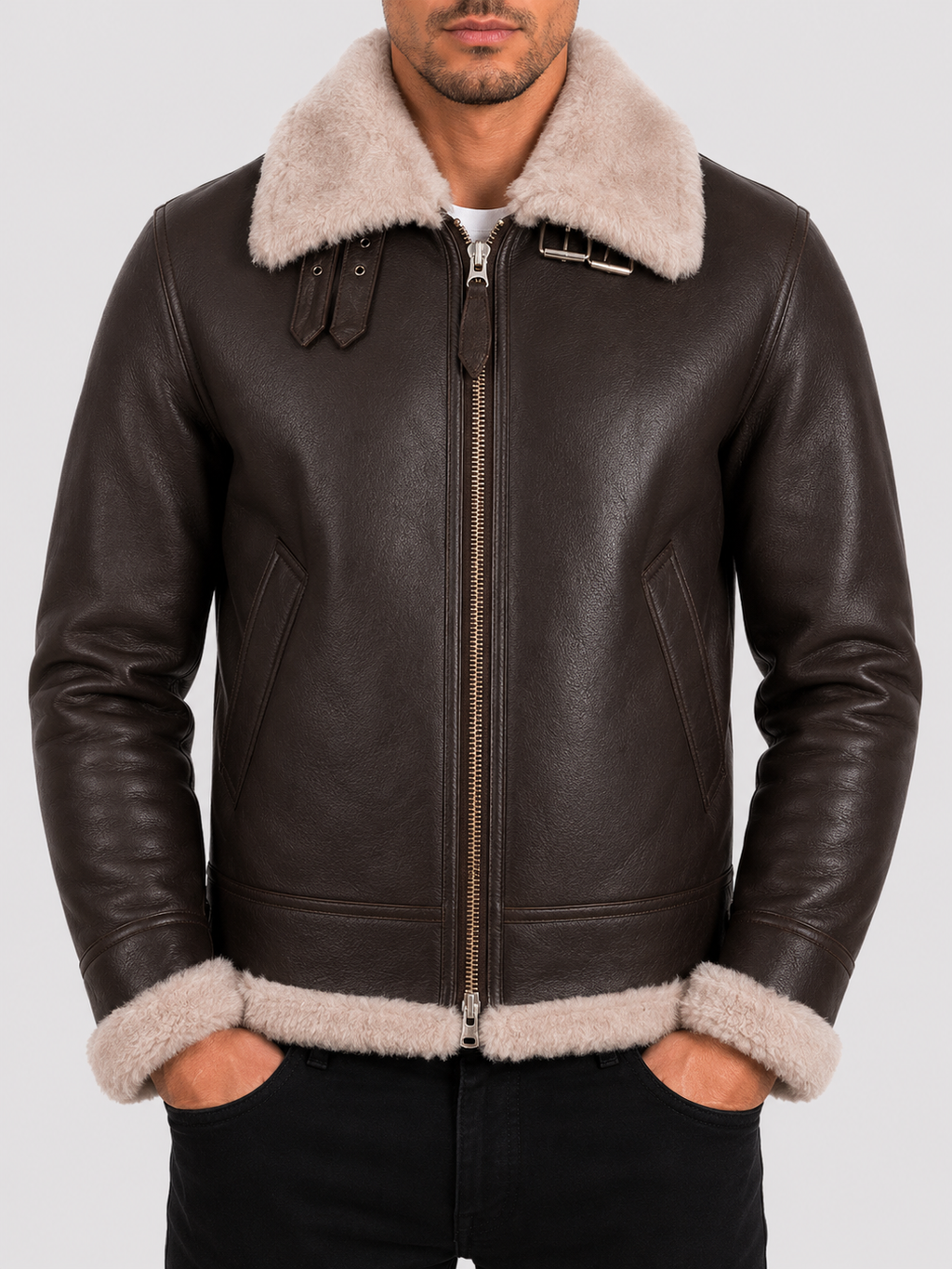 Alder & Stone Men's Shearling Jacket - Brown/Beige Fur