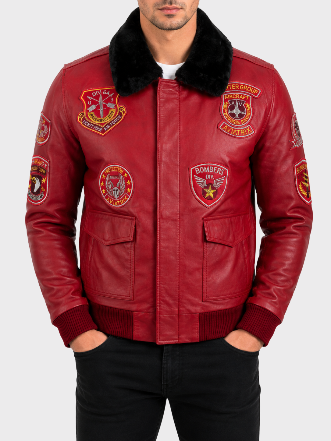 JWR3 Men's Aviator Bomber Jacket - Red