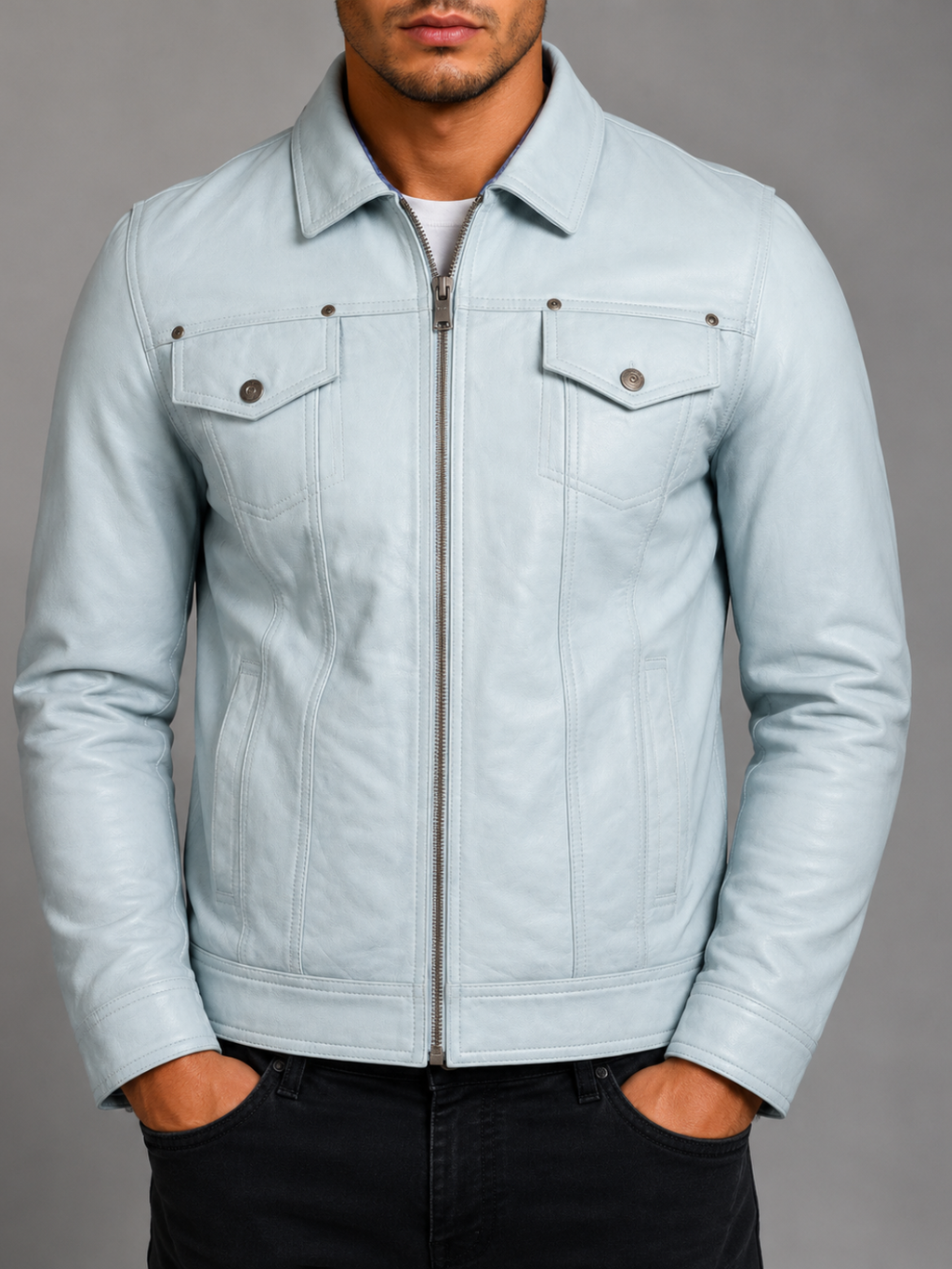 AGQ5 Men's Trucker Harrington Jacket - Sky Blue