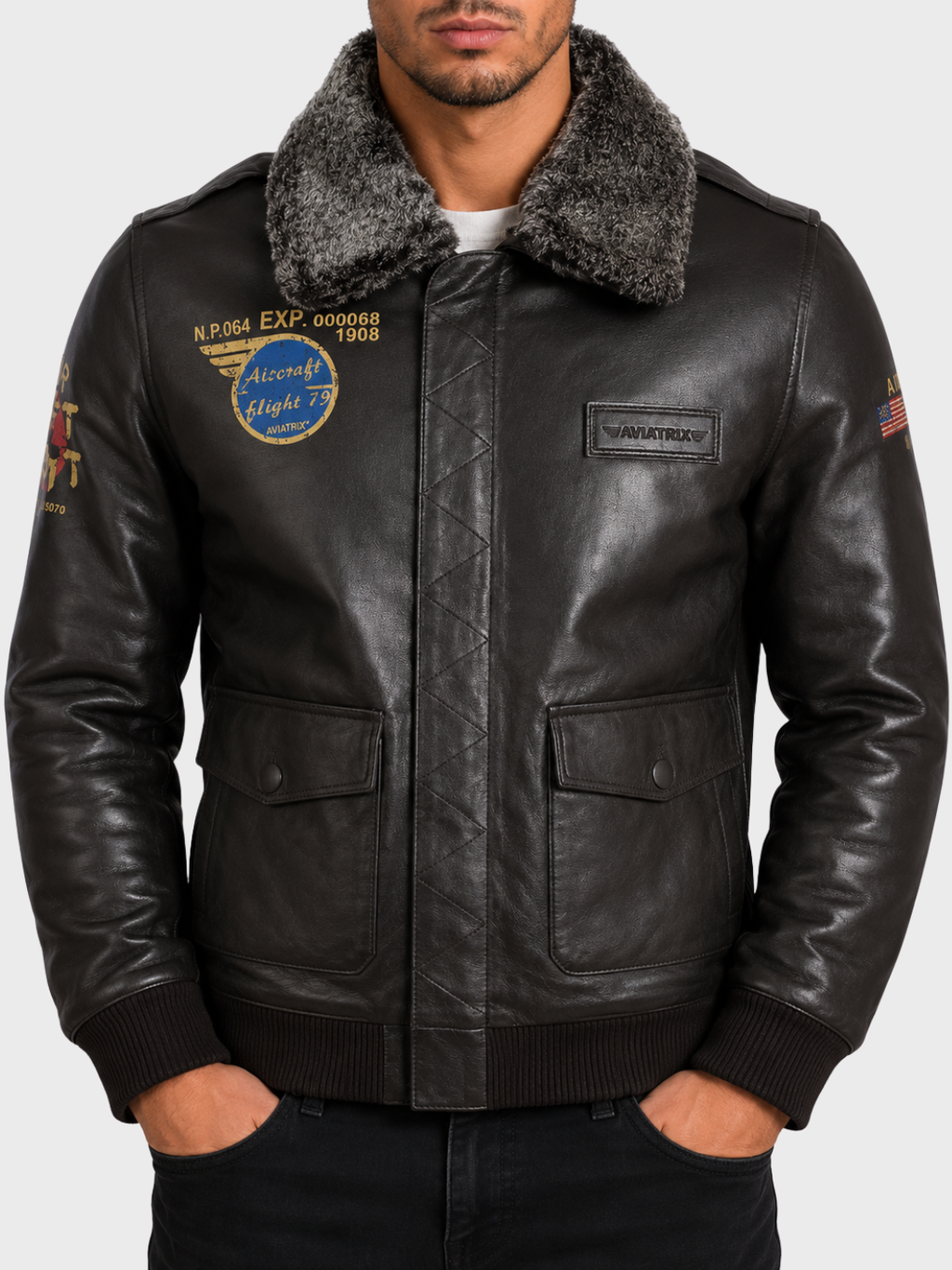 VGS3 Men's Aviator Bomber Jacket - Black/Snowtop Fur
