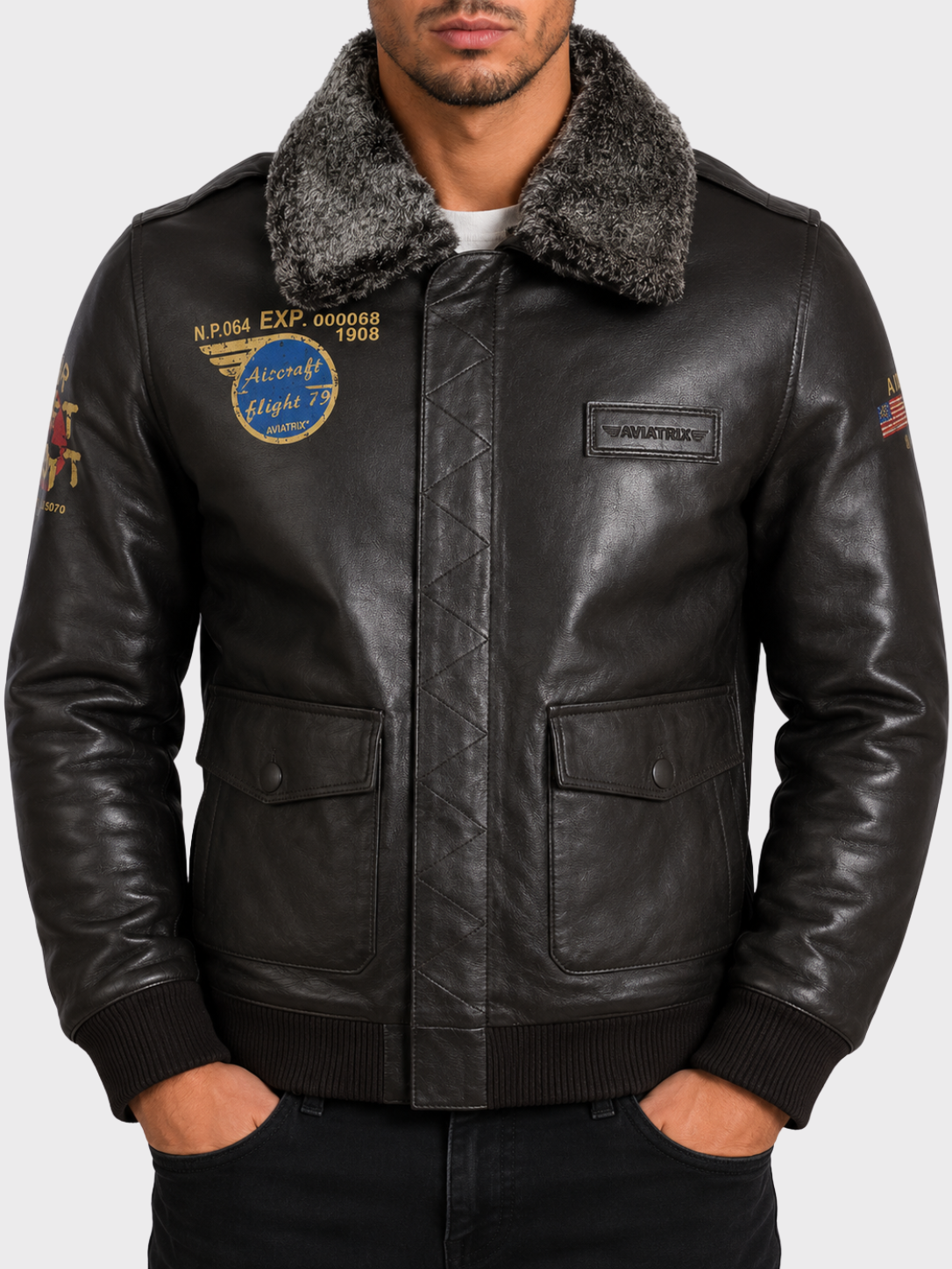 VGS3 Men's Aviator Bomber Jacket - Black/Snowtop Fur
